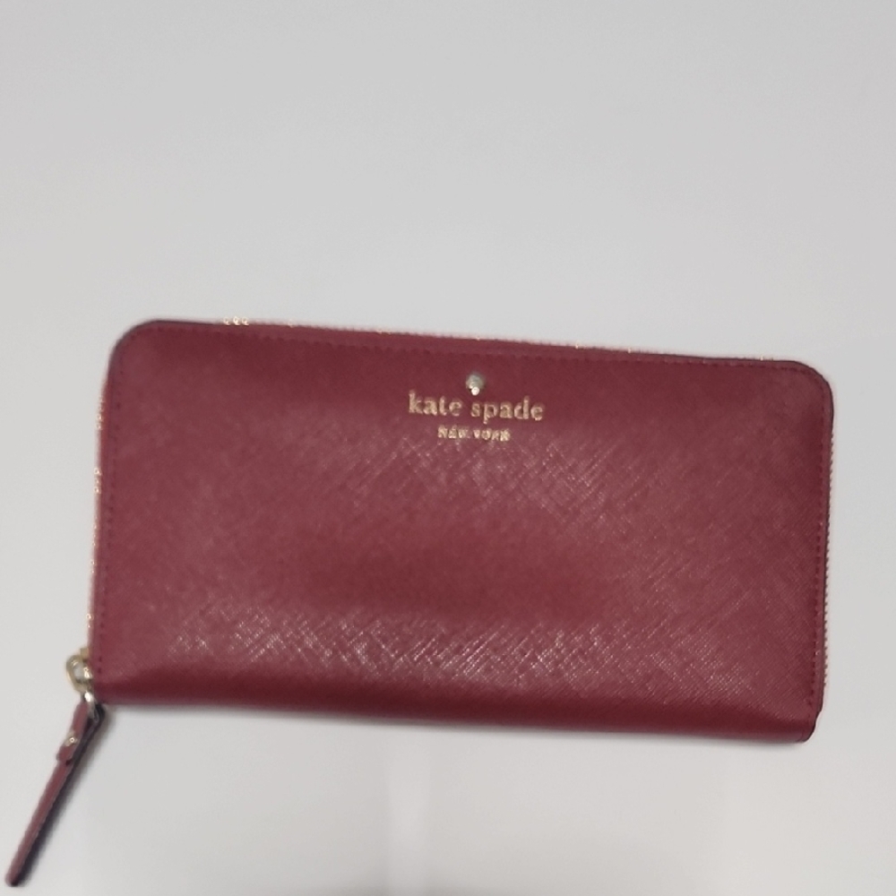 Kate Spade New York, Burgundy Zip Around Wallet Glazed Leather.